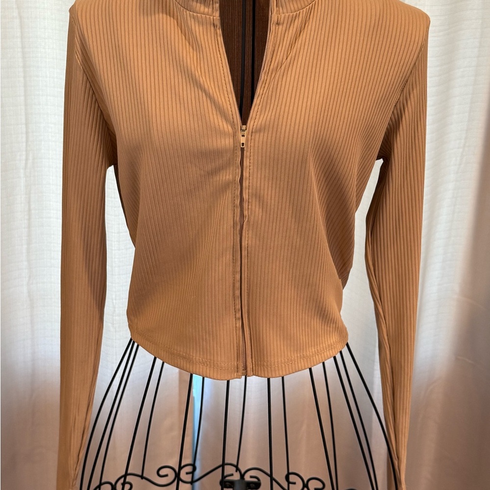 Tan Lucky Lab Ribbed Long Sleeve Stretch Cropped Top